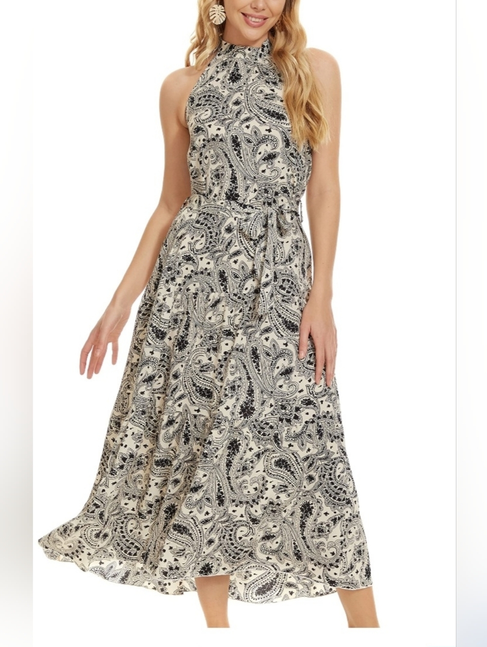 High-Neck Paisley Maxi  Dress in Black and Cream Sz XL .
